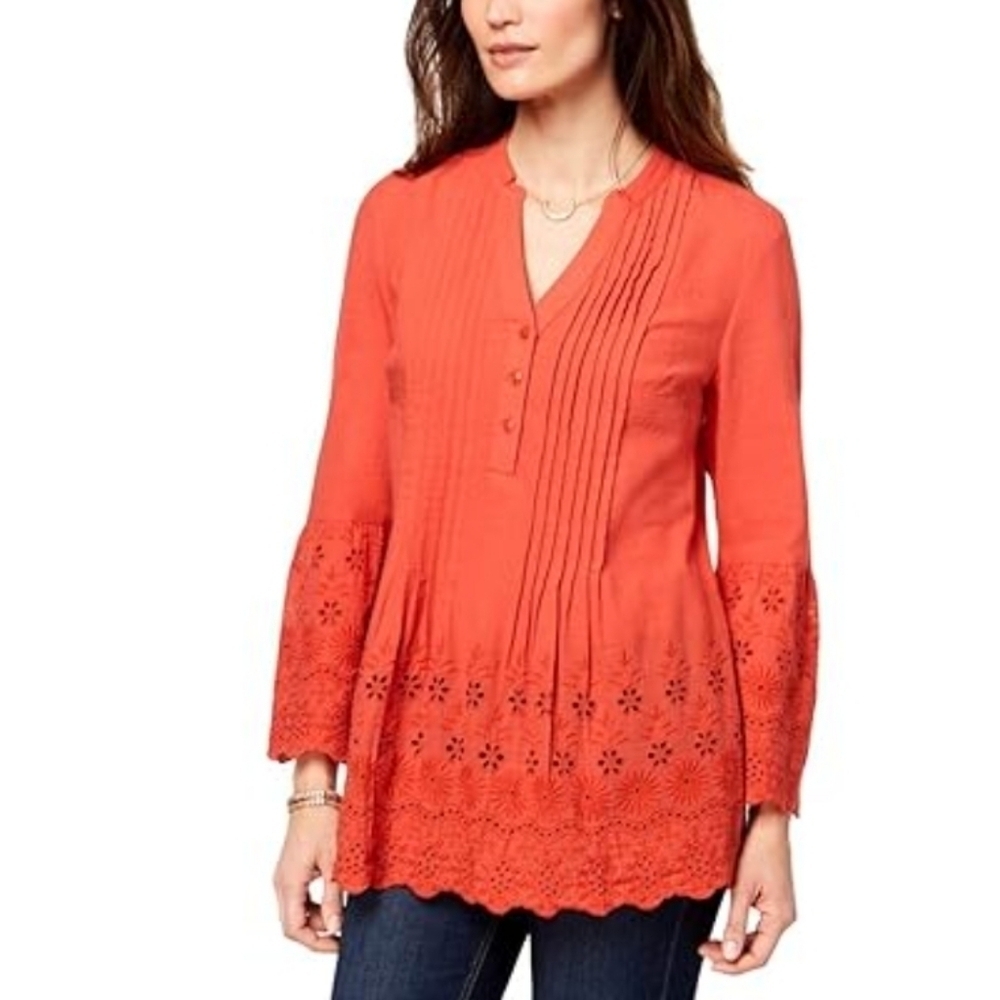 EUC STYLE & CO CORAL EMBROIDERED EYELET PINTUCKED TUNIC  SZ L